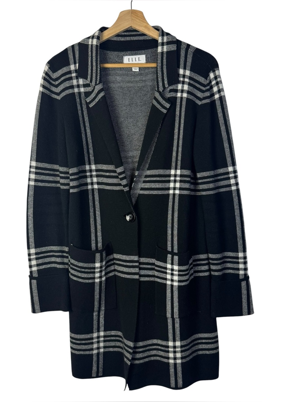 Elle Black & Gray Plaid Button Front Knit Cardigan Blazer Sweater S